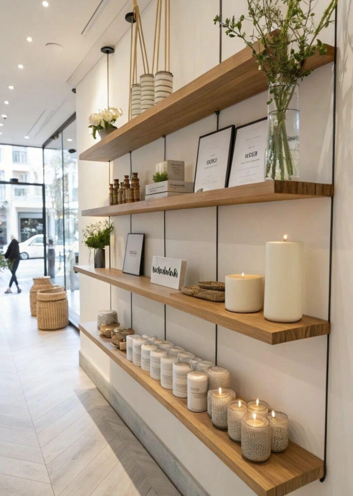 Ξύλινα ράφια τοίχου σε κατάστημα με κεριά, διακοσμητικά και προϊόντα σε προσεγμένη minimal παρουσίαση.