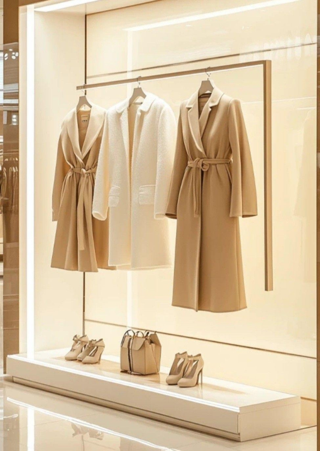 Minimal βιτρίνα καταστήματος με μπεζ και λευκά παλτό, τσάντα και γόβες σε καθαρή και πολυτελή παρουσίαση προϊόντων.